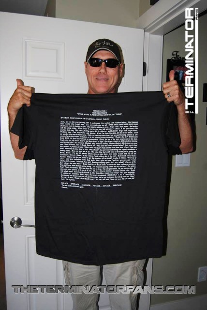 Peter Kent Holding Rare Terminator 2 Cast Crew T-Shirt
