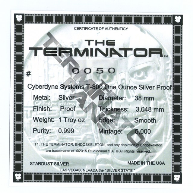 Stardust Silver The Terminator Certificate of Authenticity