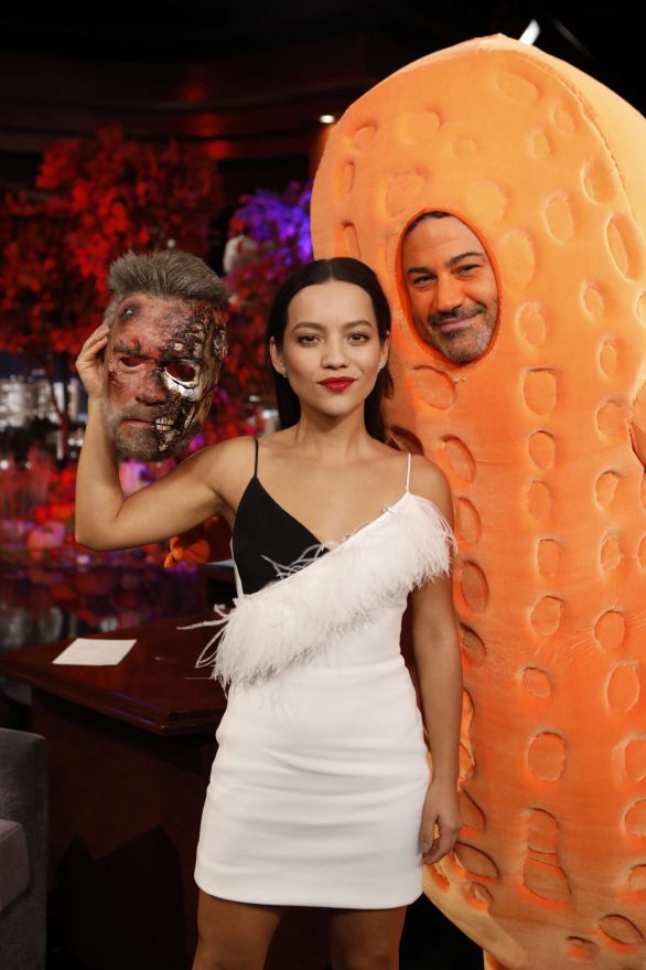 Natalia Reyes Visits Jimmy Kimmel Live Terminator Dark Fate T-800 Stunt Mask