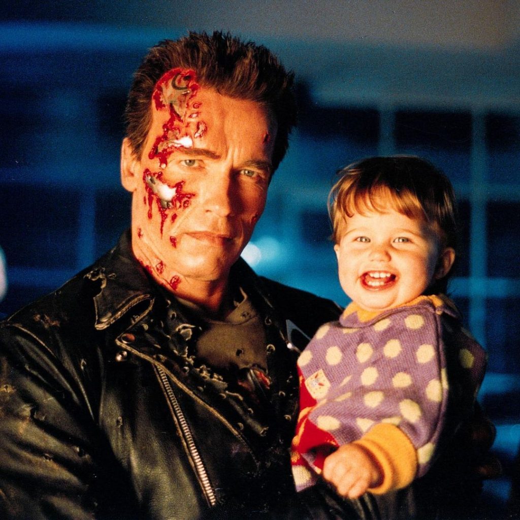 Arnold Schwarzenegger and Daughter Katherine On The Set Of Terminator 2