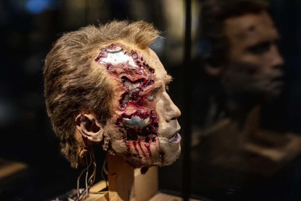  Stan Winston Studio T-800 animatronic puppet head used in Terminator 2: Judgment Day on display at the Academy Museum.