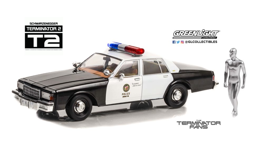 GreenLight Collectibles Terminator 2 1987 Chevrolet Caprice Police Car + T-1000 Figure