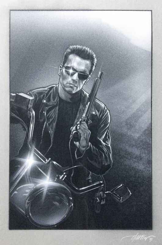 Terminator 2 Poster Concept Art by David Darrow featuring Arnold Schwarzenegger's T-800 on Fat Boy Motorcycle