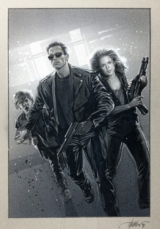 Terminator 2 Poster Concept Art by David Darrow featuring Arnold Schwarzenegger's T-800, Edward Furlong's John Connor and Linda Hamilton as Sarah Connor