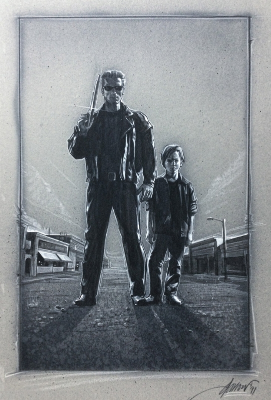 Terminator 2 Poster Concept Art by David Darrow featuring Arnold Schwarzenegger's T-800 and Edward Furlong's John Connor