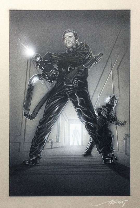 Terminator 2 Poster Concept Art by David Darrow featuring Arnold Schwarzenegger's T-800 and Edward Furlong's John Connor