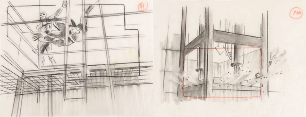 Set of Two Hand-drawn Factory Sequence Storyboards Featuring  T-800 in Press - The Terminator (1984)